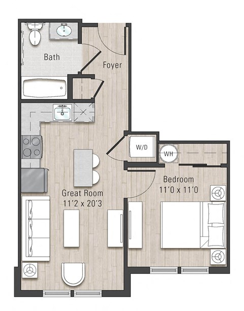 Floor plan for 1 bed, 1 bath, 510 sqft